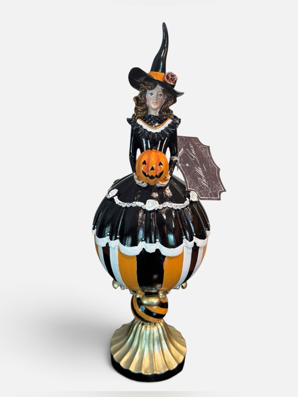 Bella Lux Pumpkin Witch on Pedestal Black Orange Whimsical Goth Figurine NWT